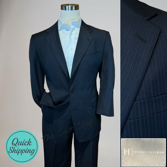 Hickey Freeman 42R 34x31 Blue Multi-Stripe Mens Worsted Wool Luxury Suit